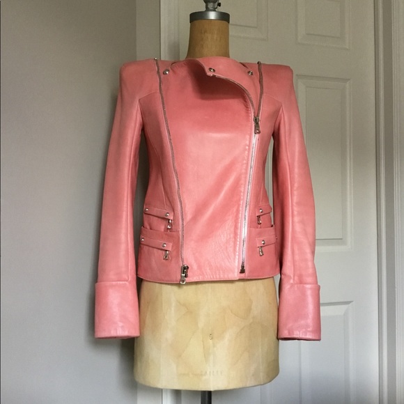 Balmain Bubblegum Pink Lambskin Leather Jacket - Picture 1 of 9